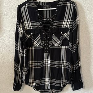 Express Black Plaid Lace Up Shirt Size M